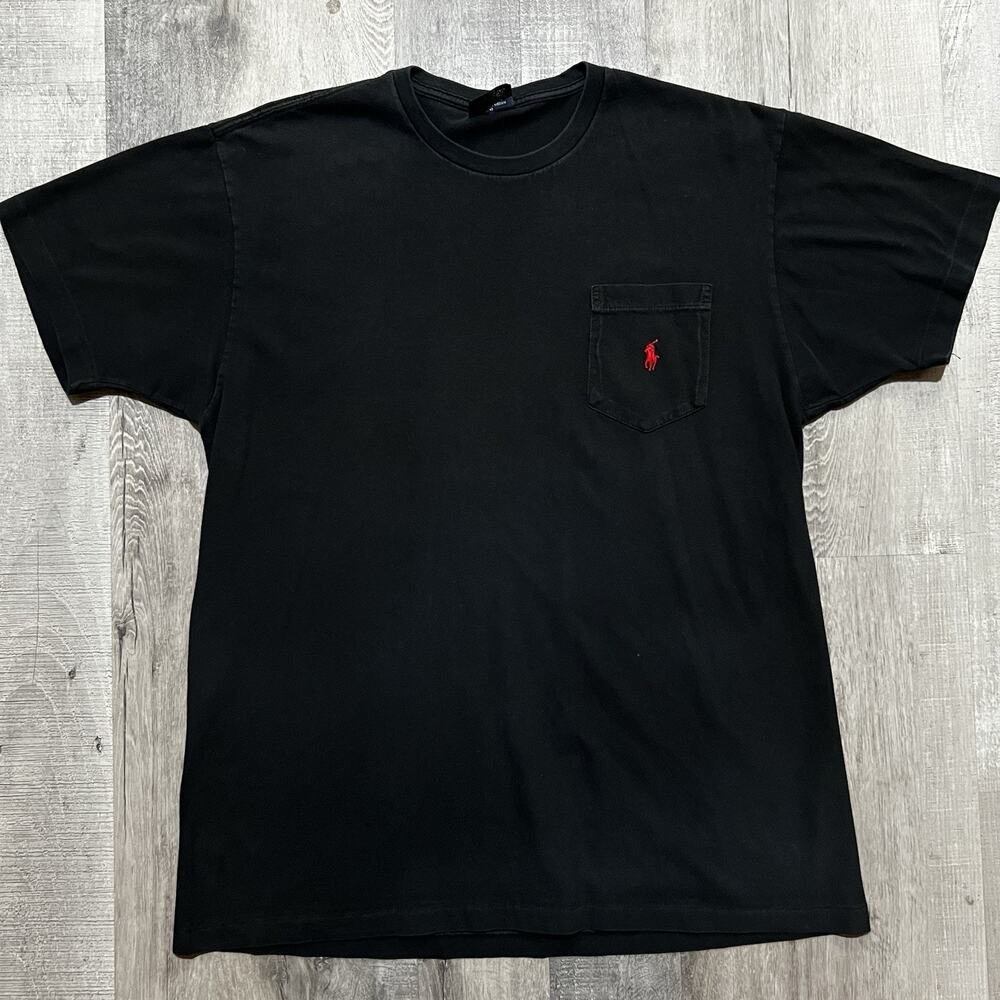 VTG Polo Ralph Lauren Black Blank Pocket Tee 90s Single Stitch Red Pony Sz M